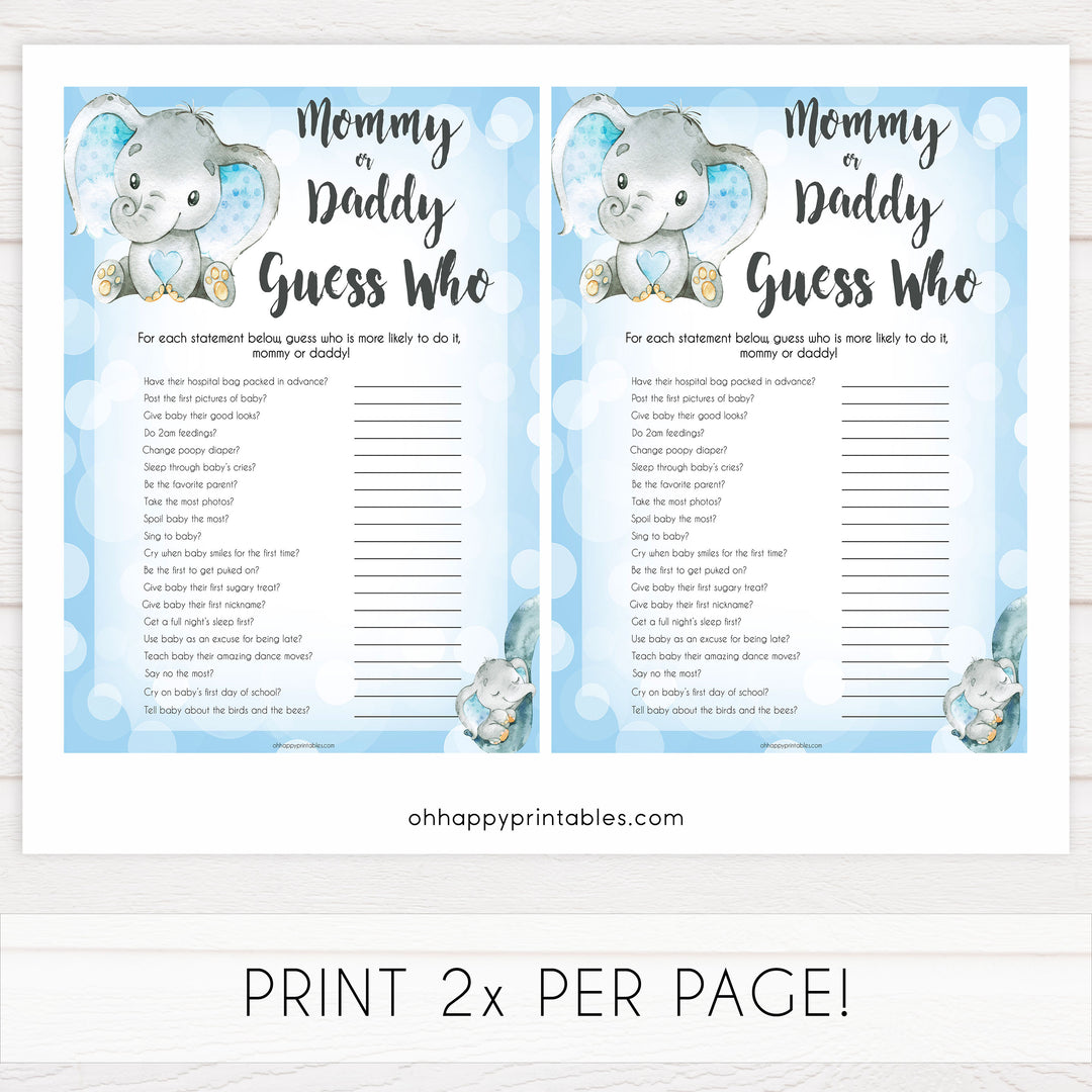 Blue elephant baby games, mommy or daddy guess who game, elephant baby games, printable baby games, top baby games, best baby shower games, baby shower ideas, fun baby games, elephant baby shower