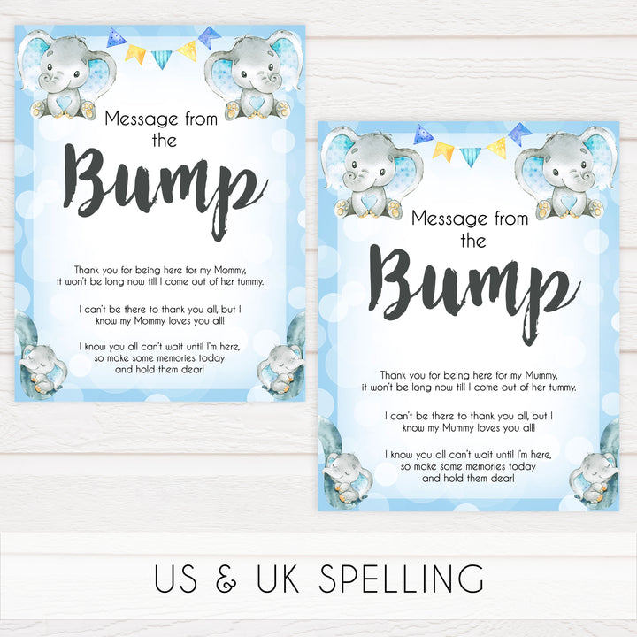Blue elephant baby games, message from the bump, elephant baby games, printable baby games, top baby games, best baby shower games, baby shower ideas, fun baby games, elephant baby shower