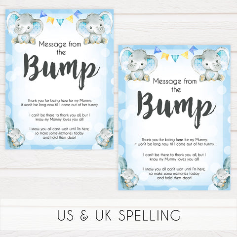Blue elephant baby games, message from the bump, elephant baby games, printable baby games, top baby games, best baby shower games, baby shower ideas, fun baby games, elephant baby shower