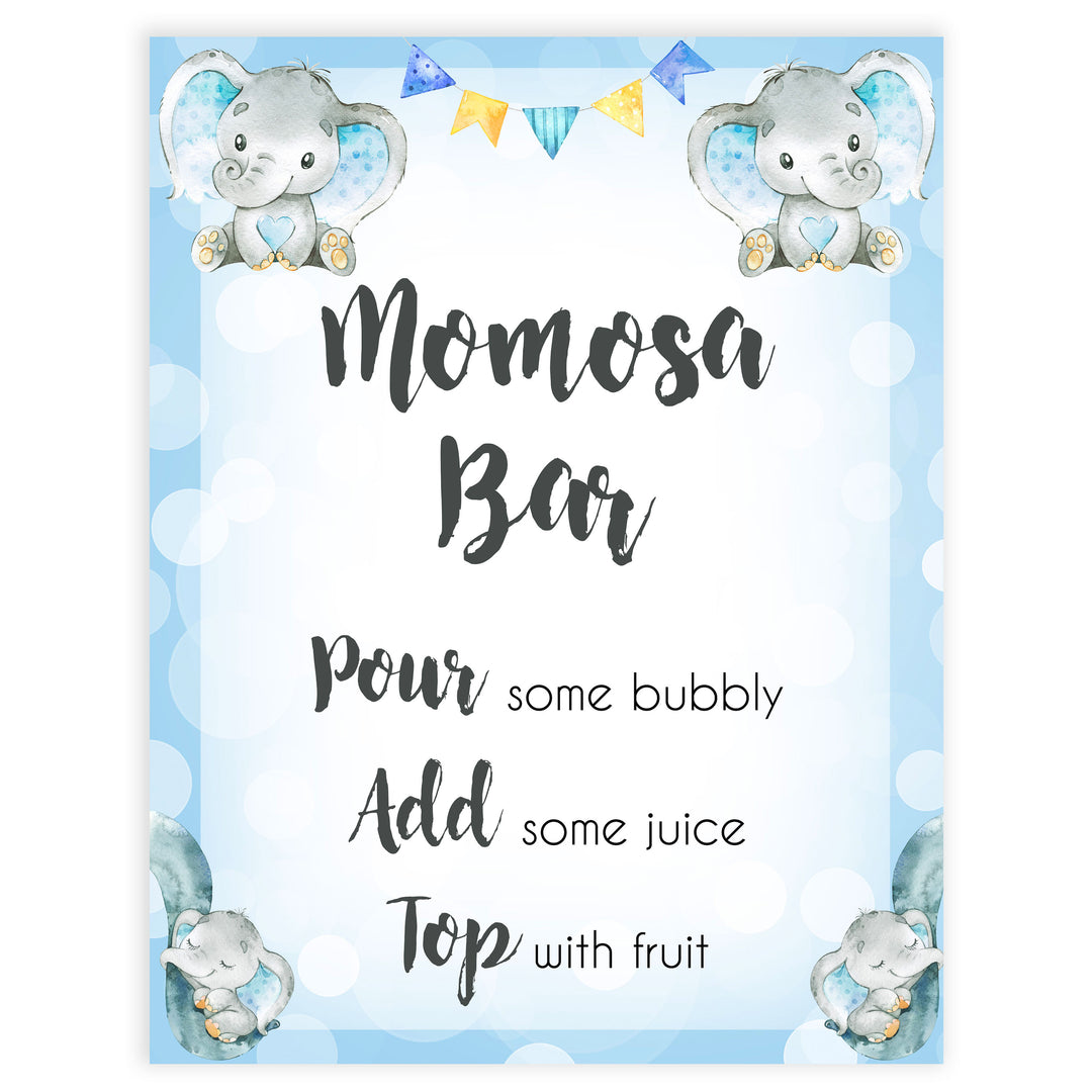 momosa baby table sign, momosa baby sign, Blue elephant baby decor, printable baby table signs, printable baby decor, blue table signs, fun baby signs, fun baby table signs