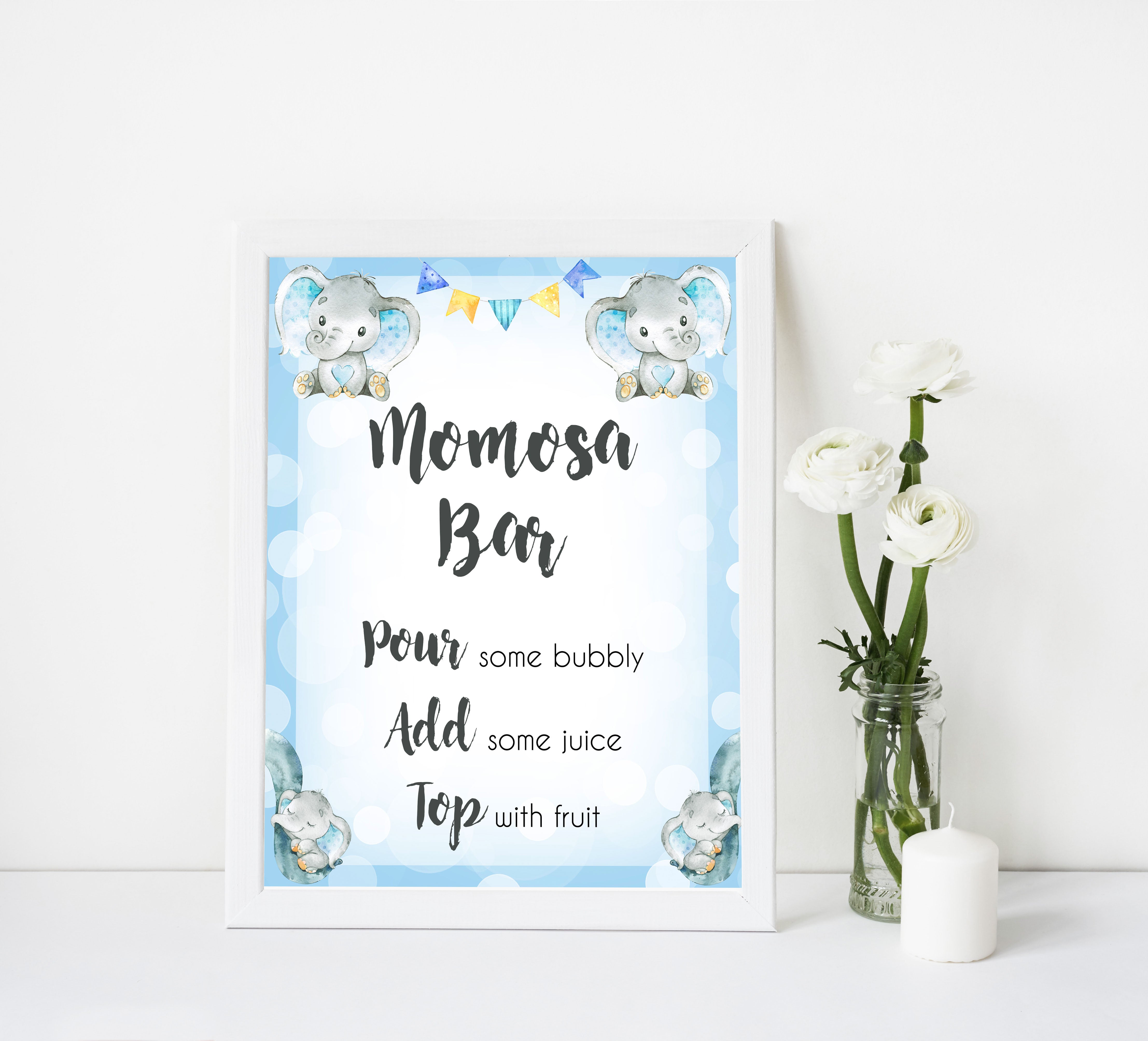 momosa baby table sign, momosa baby sign, Blue elephant baby decor, printable baby table signs, printable baby decor, blue table signs, fun baby signs, fun baby table signs
