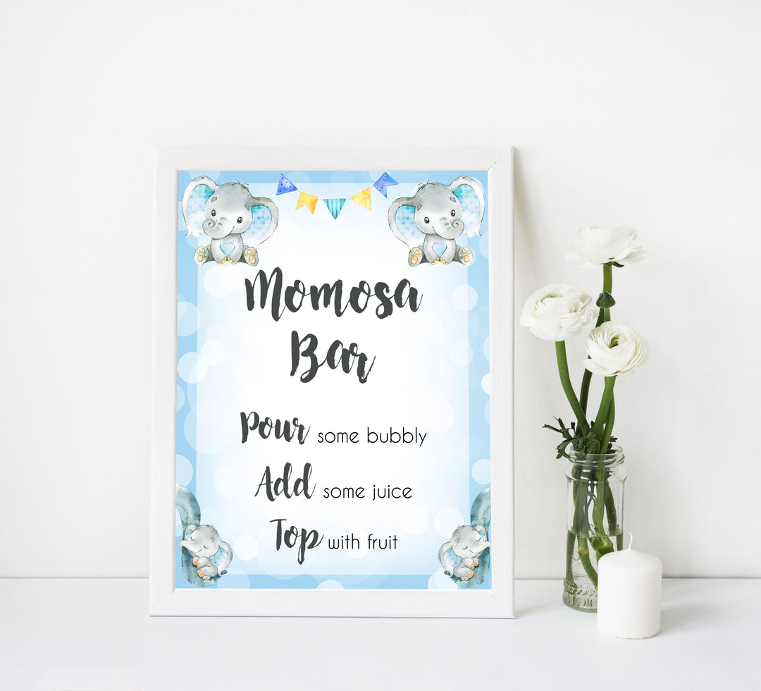 momosa baby table sign, momosa baby sign, Blue elephant baby decor, printable baby table signs, printable baby decor, blue table signs, fun baby signs, fun baby table signs