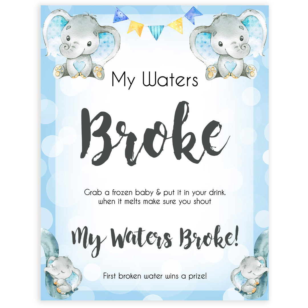 Blue elephant baby games, my waters broke, elephant baby games, printable baby games, top baby games, best baby shower games, baby shower ideas, fun baby games, elephant baby shower