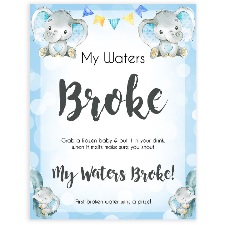 Blue elephant baby games, my waters broke, elephant baby games, printable baby games, top baby games, best baby shower games, baby shower ideas, fun baby games, elephant baby shower