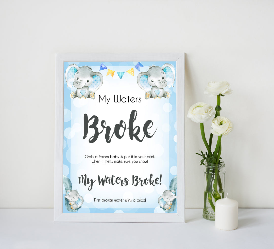 Blue elephant baby games, my waters broke, elephant baby games, printable baby games, top baby games, best baby shower games, baby shower ideas, fun baby games, elephant baby shower