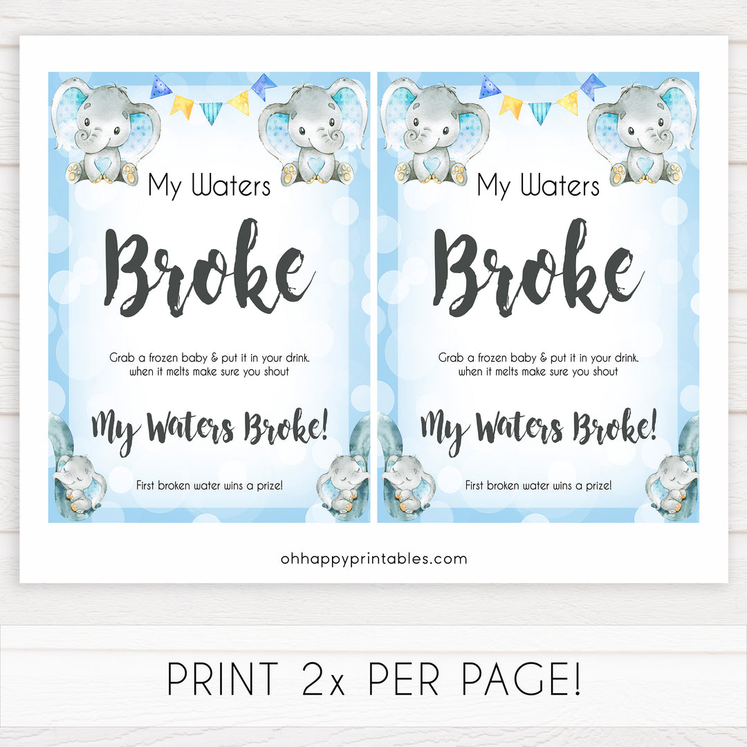 Blue elephant baby games, my waters broke, elephant baby games, printable baby games, top baby games, best baby shower games, baby shower ideas, fun baby games, elephant baby shower