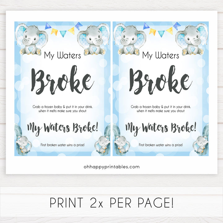 Blue elephant baby games, my waters broke, elephant baby games, printable baby games, top baby games, best baby shower games, baby shower ideas, fun baby games, elephant baby shower