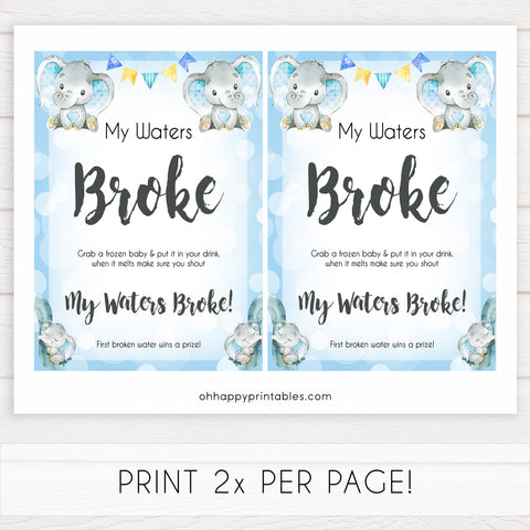 Blue elephant baby games, my waters broke, elephant baby games, printable baby games, top baby games, best baby shower games, baby shower ideas, fun baby games, elephant baby shower