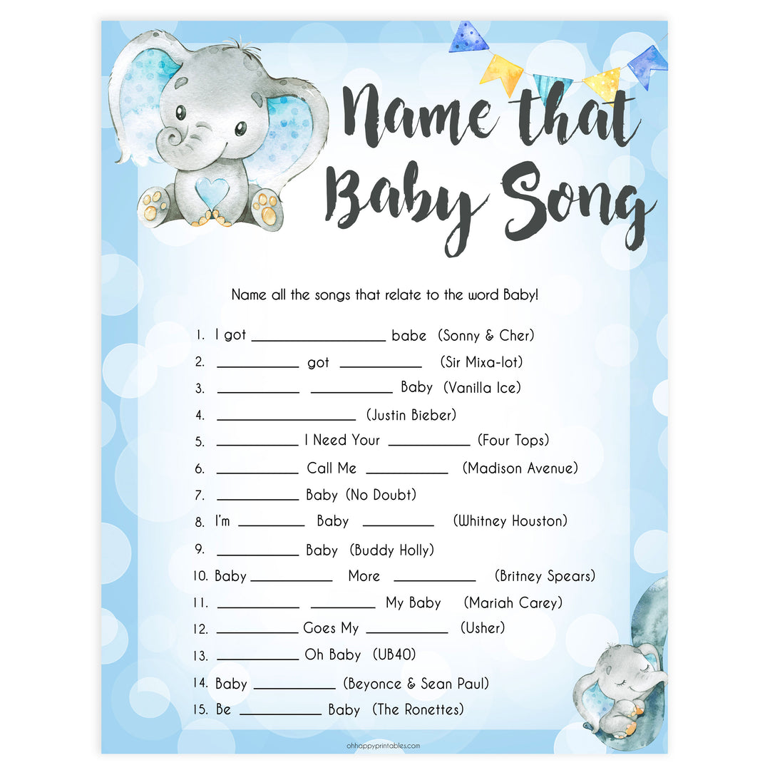 Blue elephant baby games, name that baby song, elephant baby games, printable baby games, top baby games, best baby shower games, baby shower ideas, fun baby games, elephant baby shower