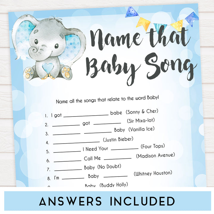 Blue elephant baby games, name that baby song, elephant baby games, printable baby games, top baby games, best baby shower games, baby shower ideas, fun baby games, elephant baby shower