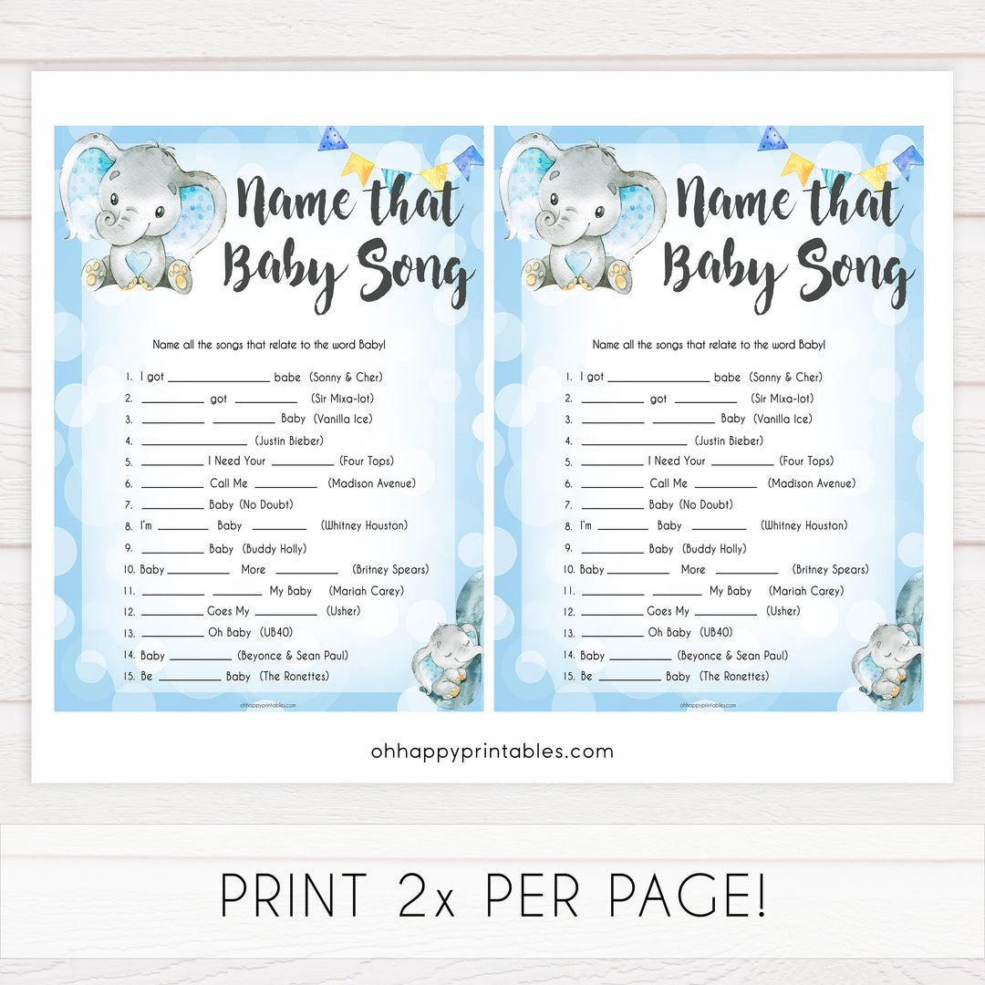 Blue elephant baby games, name that baby song, elephant baby games, printable baby games, top baby games, best baby shower games, baby shower ideas, fun baby games, elephant baby shower