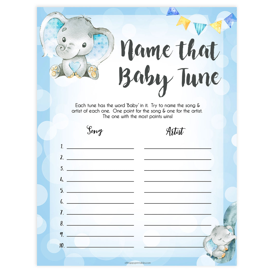 Blue elephant baby games, name that baby tune, elephant baby games, printable baby games, top baby games, best baby shower games, baby shower ideas, fun baby games, elephant baby shower