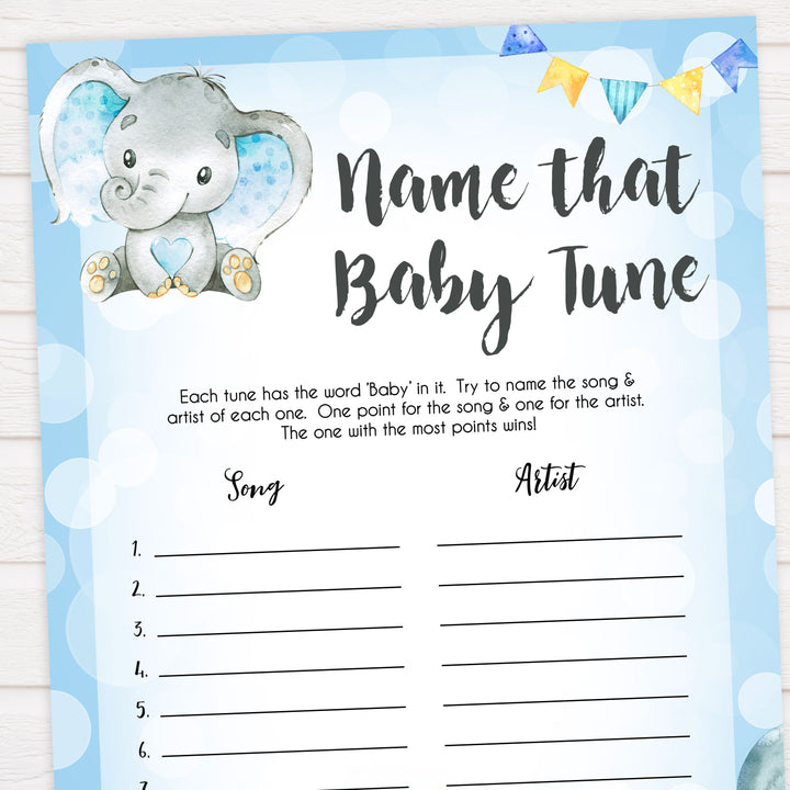 Blue elephant baby games, name that baby tune, elephant baby games, printable baby games, top baby games, best baby shower games, baby shower ideas, fun baby games, elephant baby shower