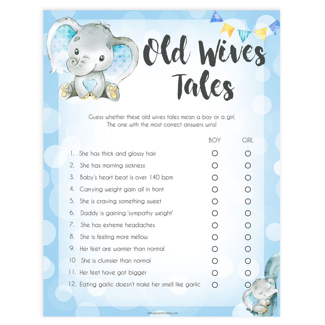 Blue elephant baby games, old wives tales, elephant baby games, printable baby games, top baby games, best baby shower games, baby shower ideas, fun baby games, elephant baby shower