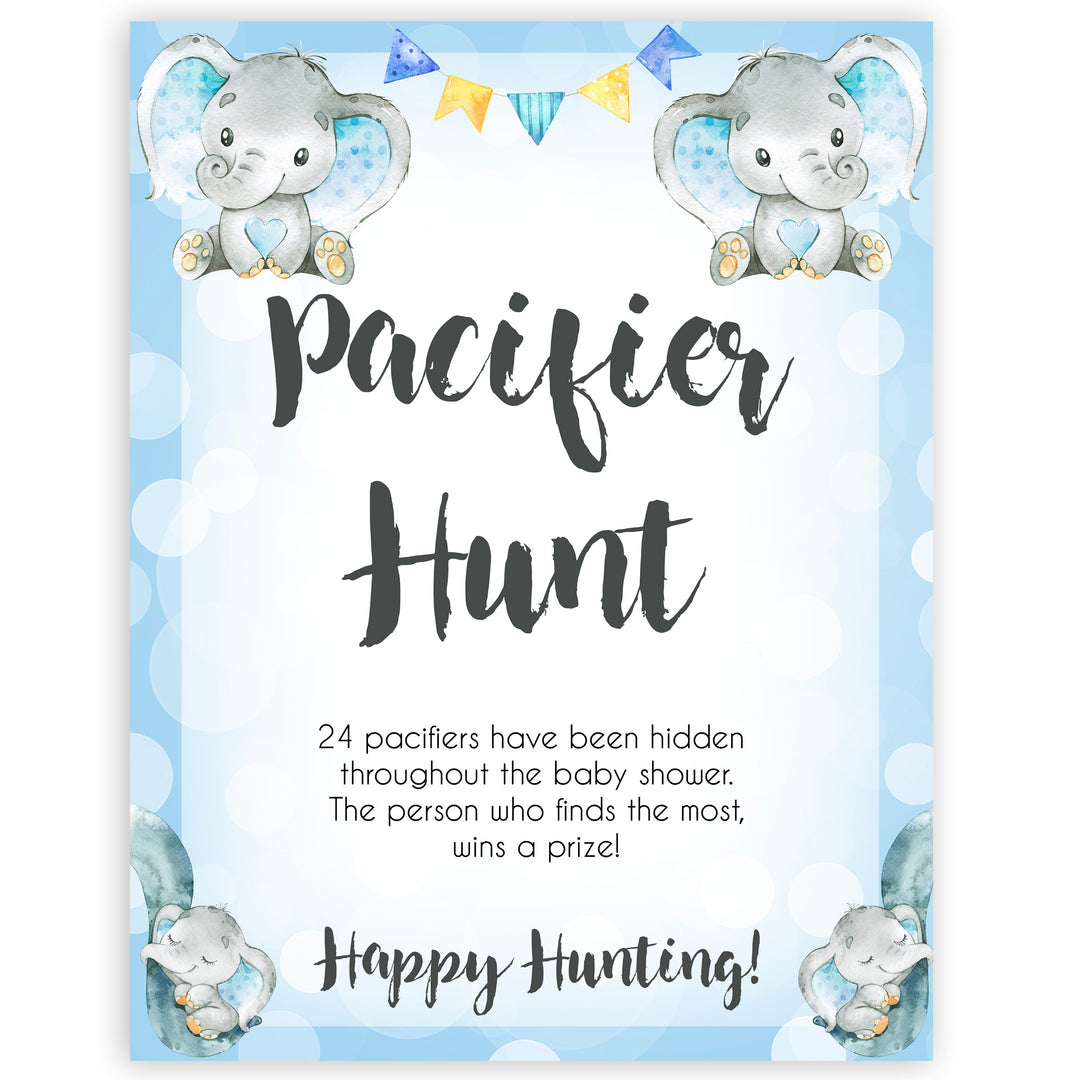 Blue elephant baby games, pacifier hunt, elephant baby games, printable baby games, top baby games, best baby shower games, baby shower ideas, fun baby games, elephant baby shower