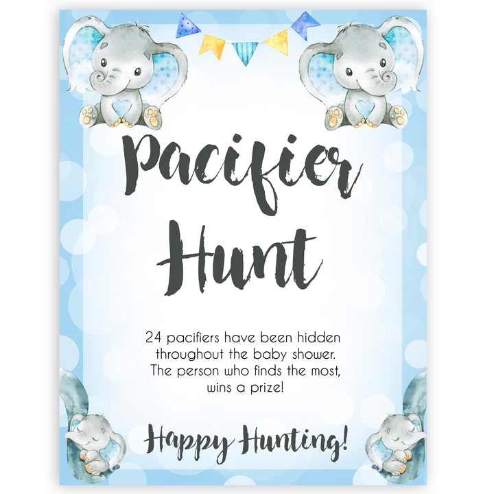 Blue elephant baby games, pacifier hunt, elephant baby games, printable baby games, top baby games, best baby shower games, baby shower ideas, fun baby games, elephant baby shower