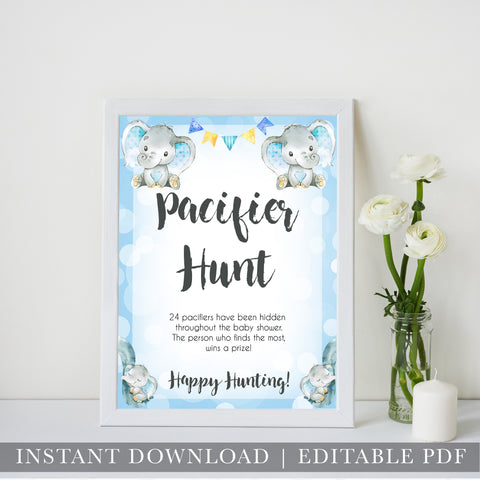 Blue elephant baby games, pacifier hunt, elephant baby games, printable baby games, top baby games, best baby shower games, baby shower ideas, fun baby games, elephant baby shower