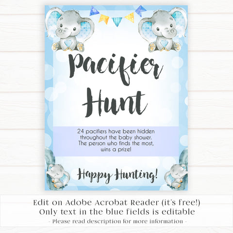 Blue elephant baby games, pacifier hunt, elephant baby games, printable baby games, top baby games, best baby shower games, baby shower ideas, fun baby games, elephant baby shower