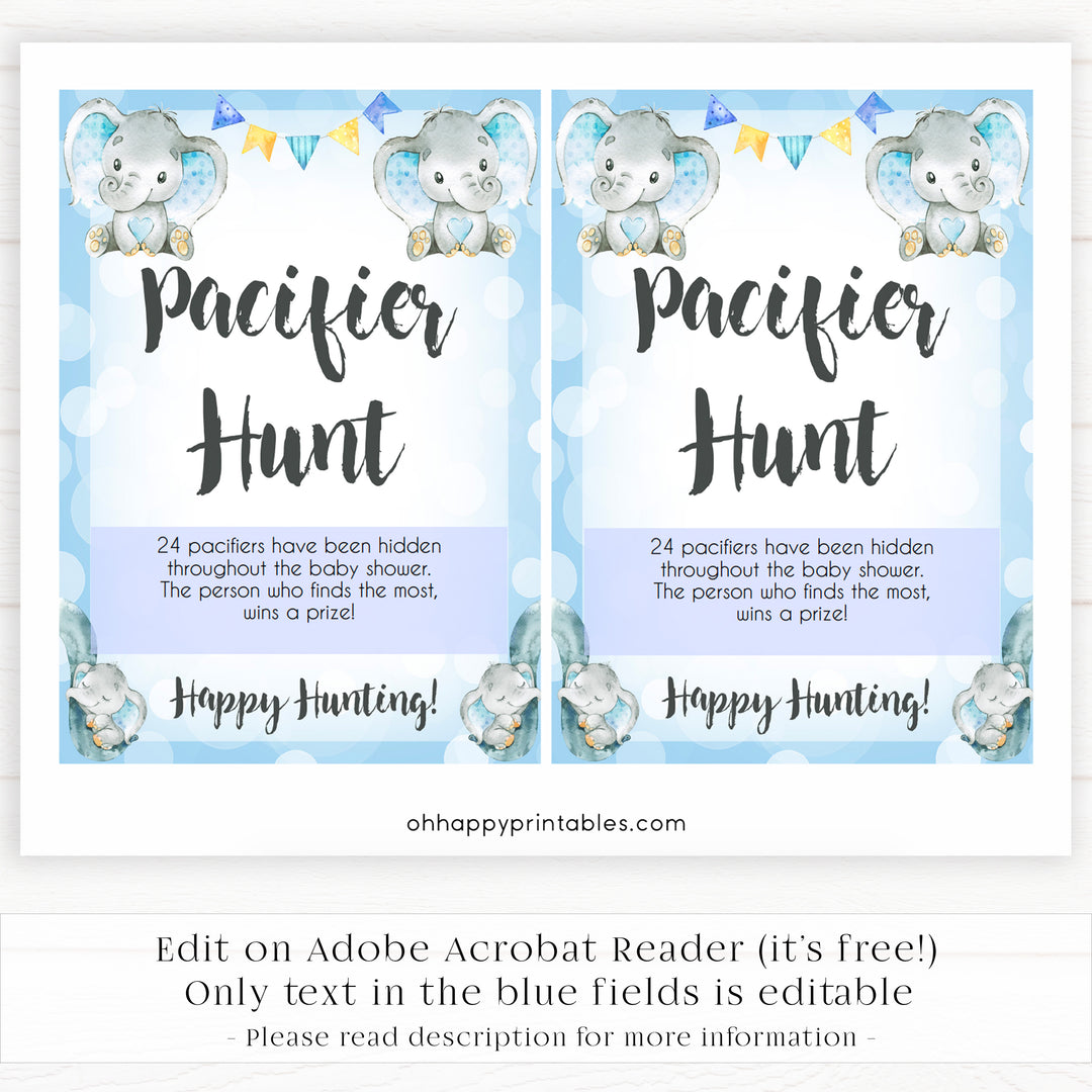 Blue elephant baby games, pacifier hunt, elephant baby games, printable baby games, top baby games, best baby shower games, baby shower ideas, fun baby games, elephant baby shower
