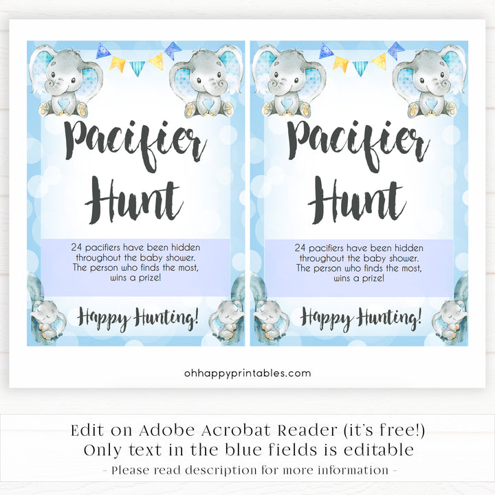 Blue elephant baby games, pacifier hunt, elephant baby games, printable baby games, top baby games, best baby shower games, baby shower ideas, fun baby games, elephant baby shower