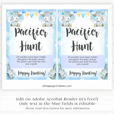 Blue elephant baby games, pacifier hunt, elephant baby games, printable baby games, top baby games, best baby shower games, baby shower ideas, fun baby games, elephant baby shower