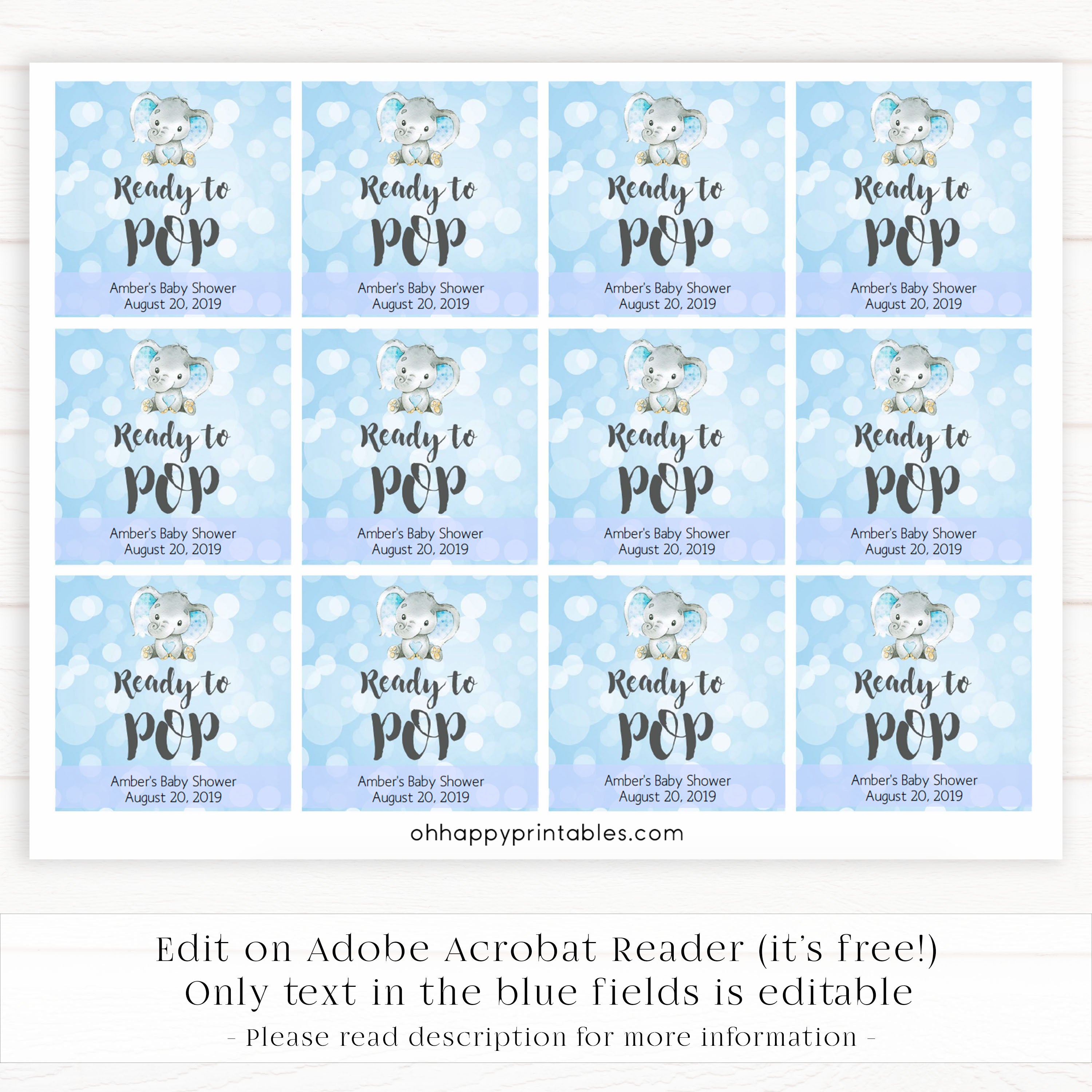 ready to pop baby tags, ready to pop tags, Printable baby shower games, fun baby games, baby shower games, fun baby shower ideas, top baby shower ideas, blue elephant baby shower, blue baby shower ideas