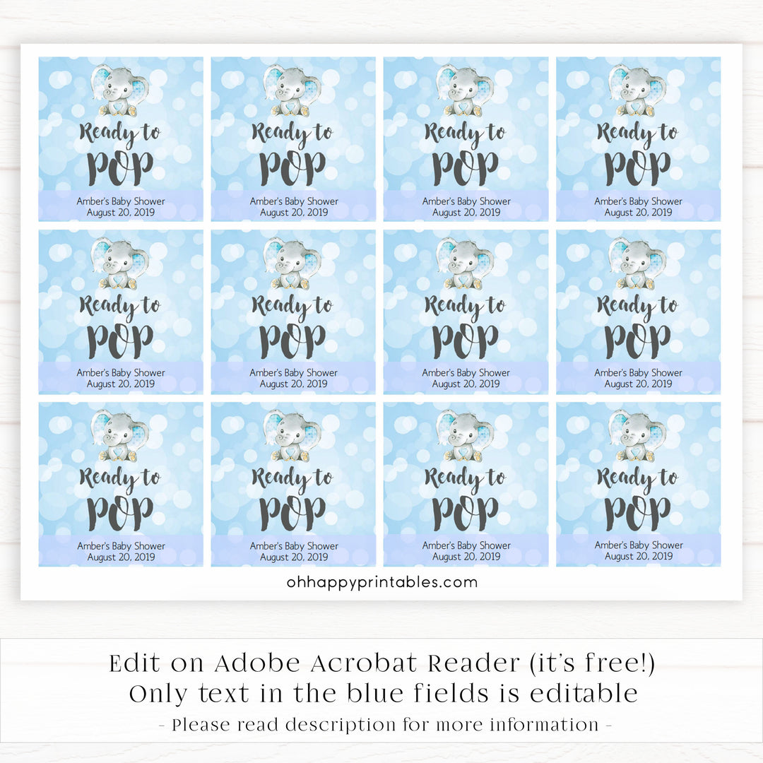 ready to pop baby tags, ready to pop tags, Printable baby shower games, fun baby games, baby shower games, fun baby shower ideas, top baby shower ideas, blue elephant baby shower, blue baby shower ideas