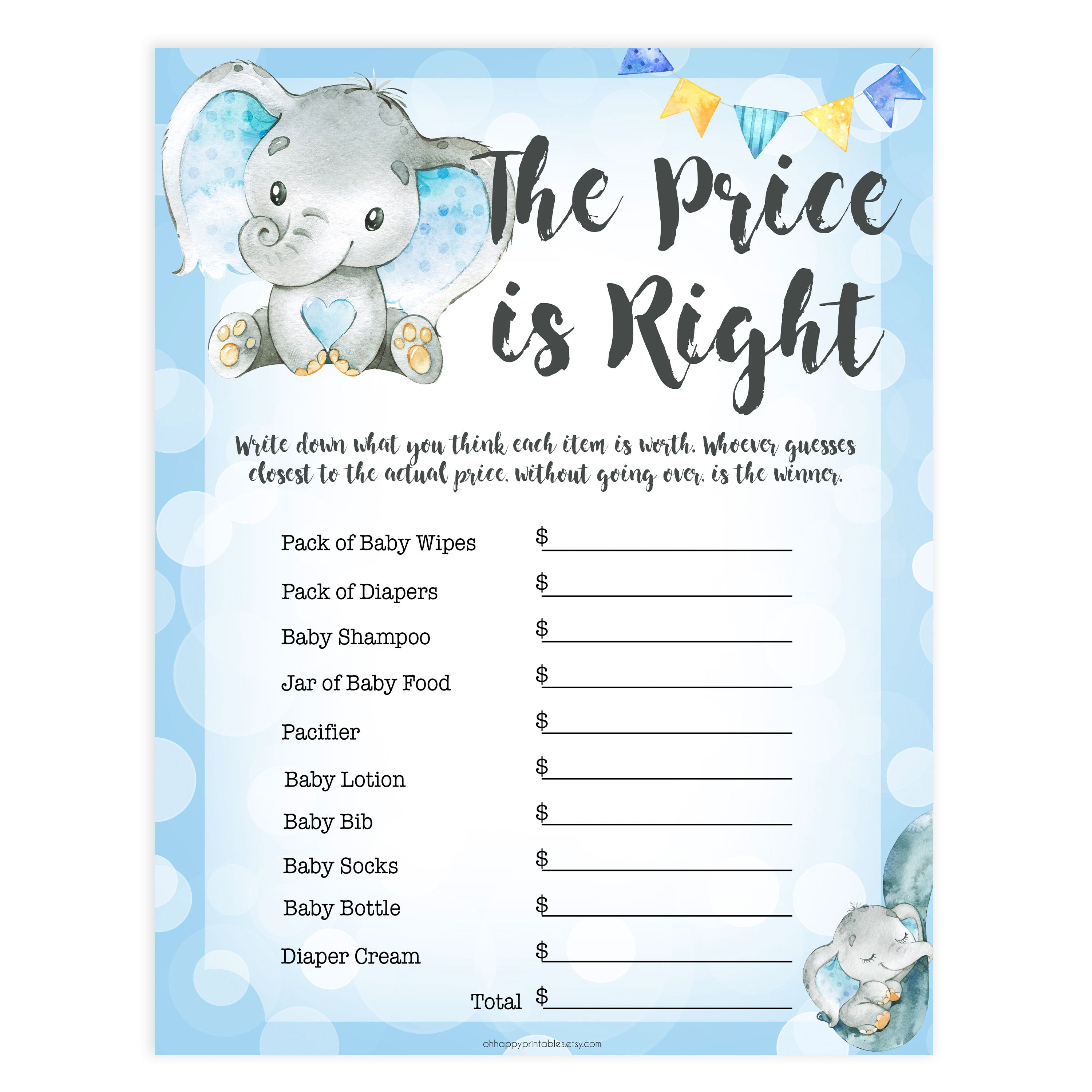 The Price is Right Game - Blue Elephants Printable Baby Shower