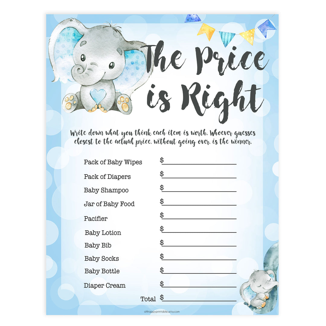 Blue elephant baby games, the price is right, elephant baby games, printable baby games, top baby games, best baby shower games, baby shower ideas, fun baby games, elephant baby shower