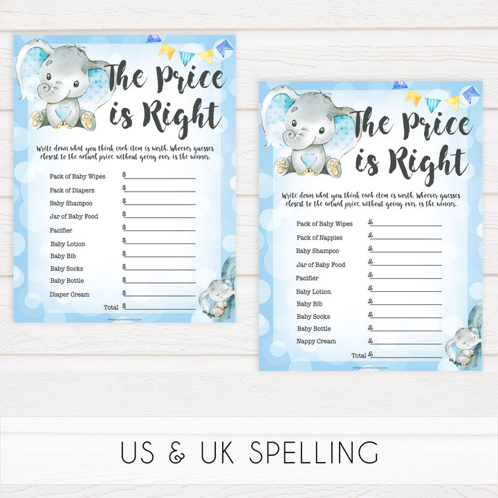 Blue elephant baby games, the price is right, elephant baby games, printable baby games, top baby games, best baby shower games, baby shower ideas, fun baby games, elephant baby shower