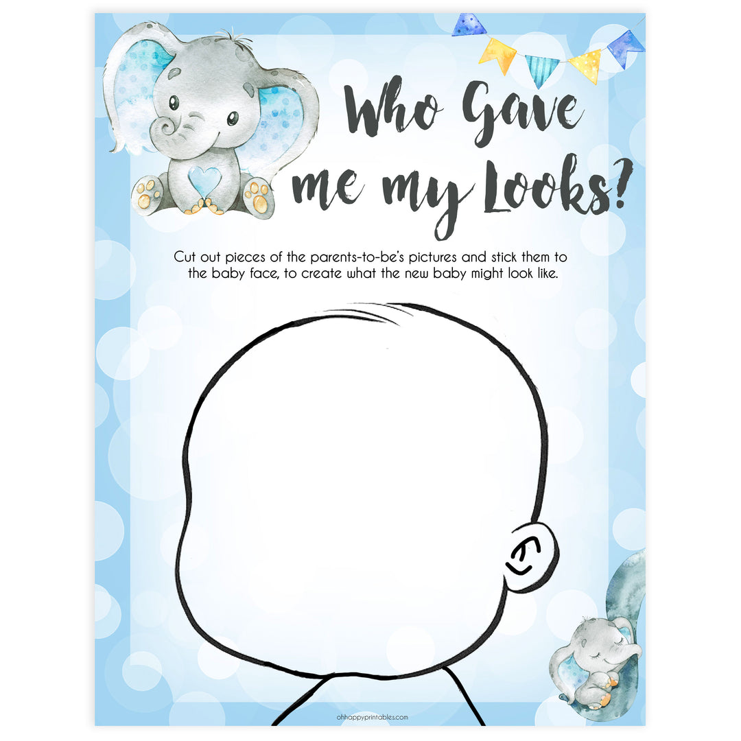 Blue elephant baby games, who gave me my looks, elephant baby games, printable baby games, top baby games, best baby shower games, baby shower ideas, fun baby games, elephant baby shower
