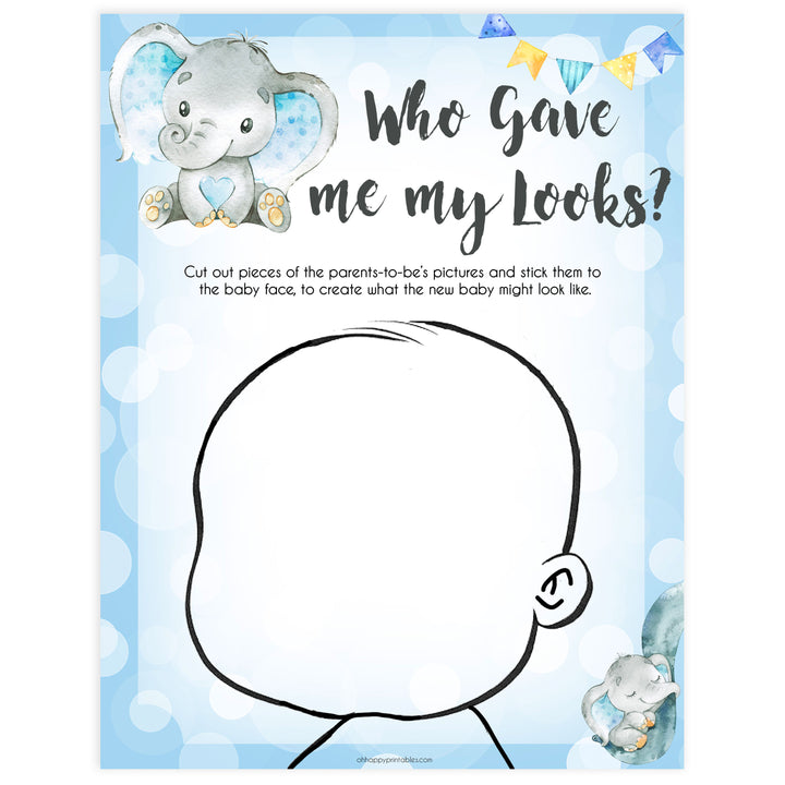 Blue elephant baby games, who gave me my looks, elephant baby games, printable baby games, top baby games, best baby shower games, baby shower ideas, fun baby games, elephant baby shower