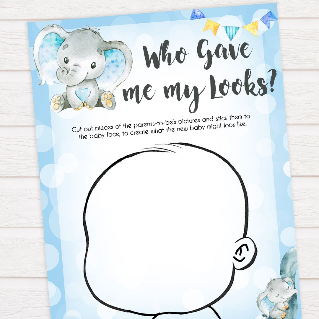Blue elephant baby games, who gave me my looks, elephant baby games, printable baby games, top baby games, best baby shower games, baby shower ideas, fun baby games, elephant baby shower