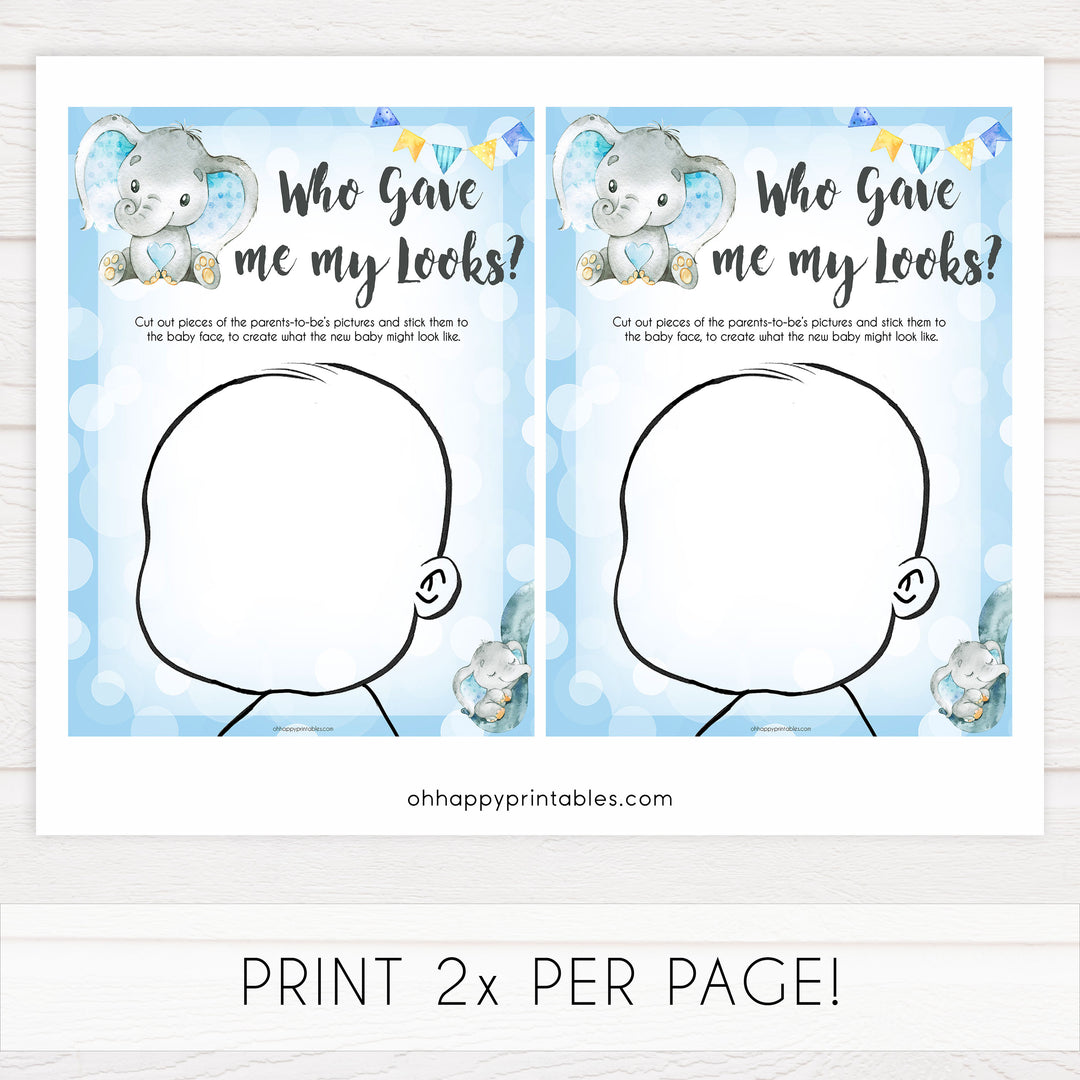 Blue elephant baby games, who gave me my looks, elephant baby games, printable baby games, top baby games, best baby shower games, baby shower ideas, fun baby games, elephant baby shower
