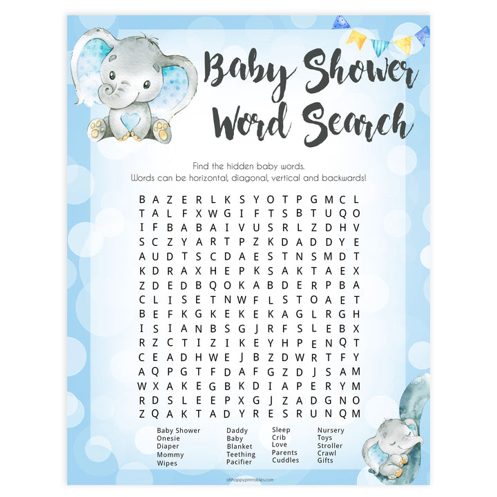 Blue elephant baby games, baby shower word search, elephant baby games, printable baby games, top baby games, best baby shower games, baby shower ideas, fun baby games, elephant baby shower