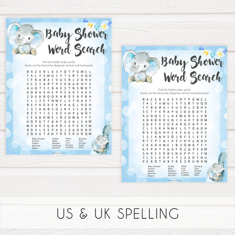 Blue elephant baby games, baby shower word search, elephant baby games, printable baby games, top baby games, best baby shower games, baby shower ideas, fun baby games, elephant baby shower