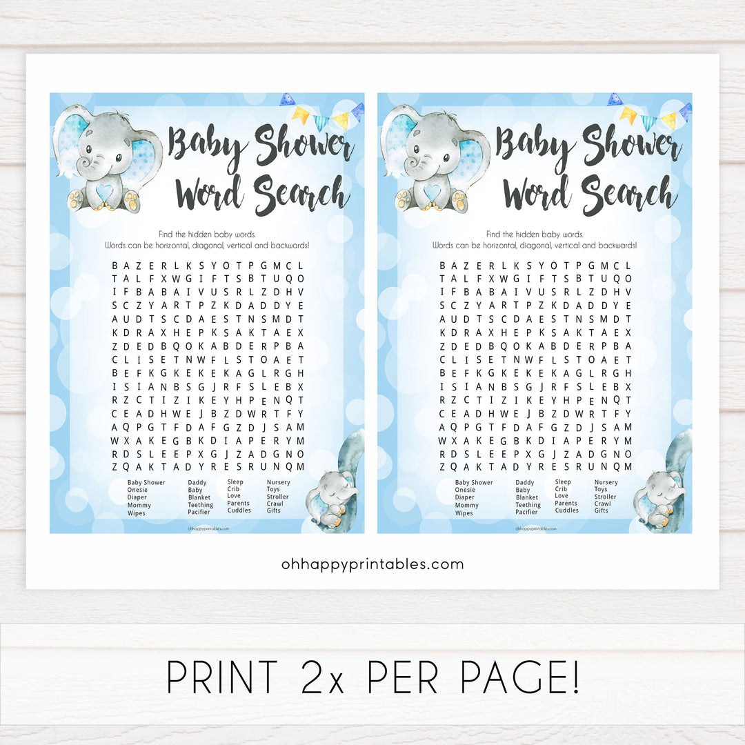 Blue elephant baby games, baby shower word search, elephant baby games, printable baby games, top baby games, best baby shower games, baby shower ideas, fun baby games, elephant baby shower