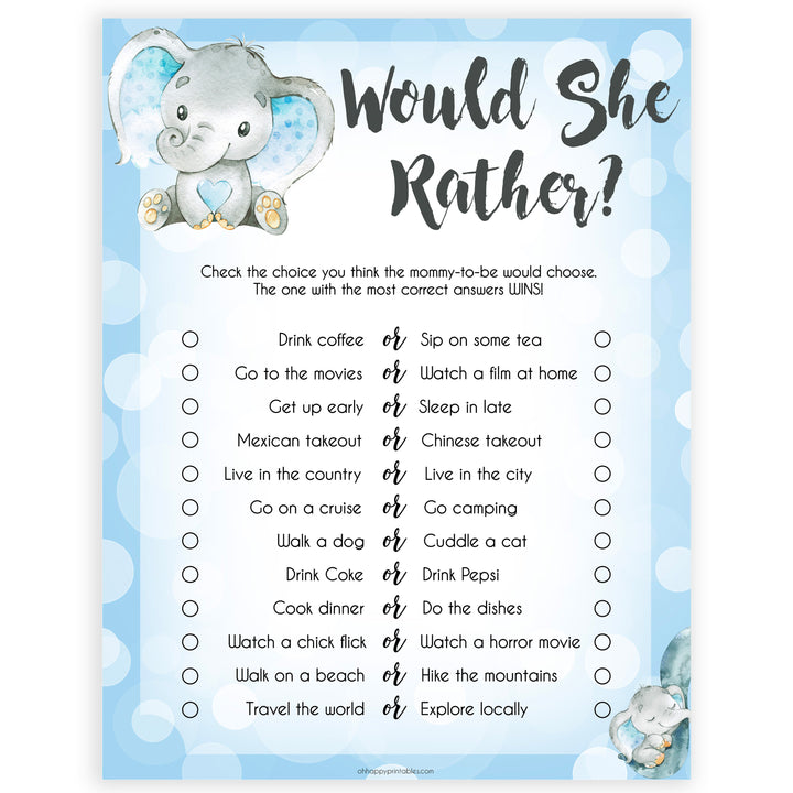 Blue elephant baby games, would she rather, elephant baby games, printable baby games, top baby games, best baby shower games, baby shower ideas, fun baby games, elephant baby shower