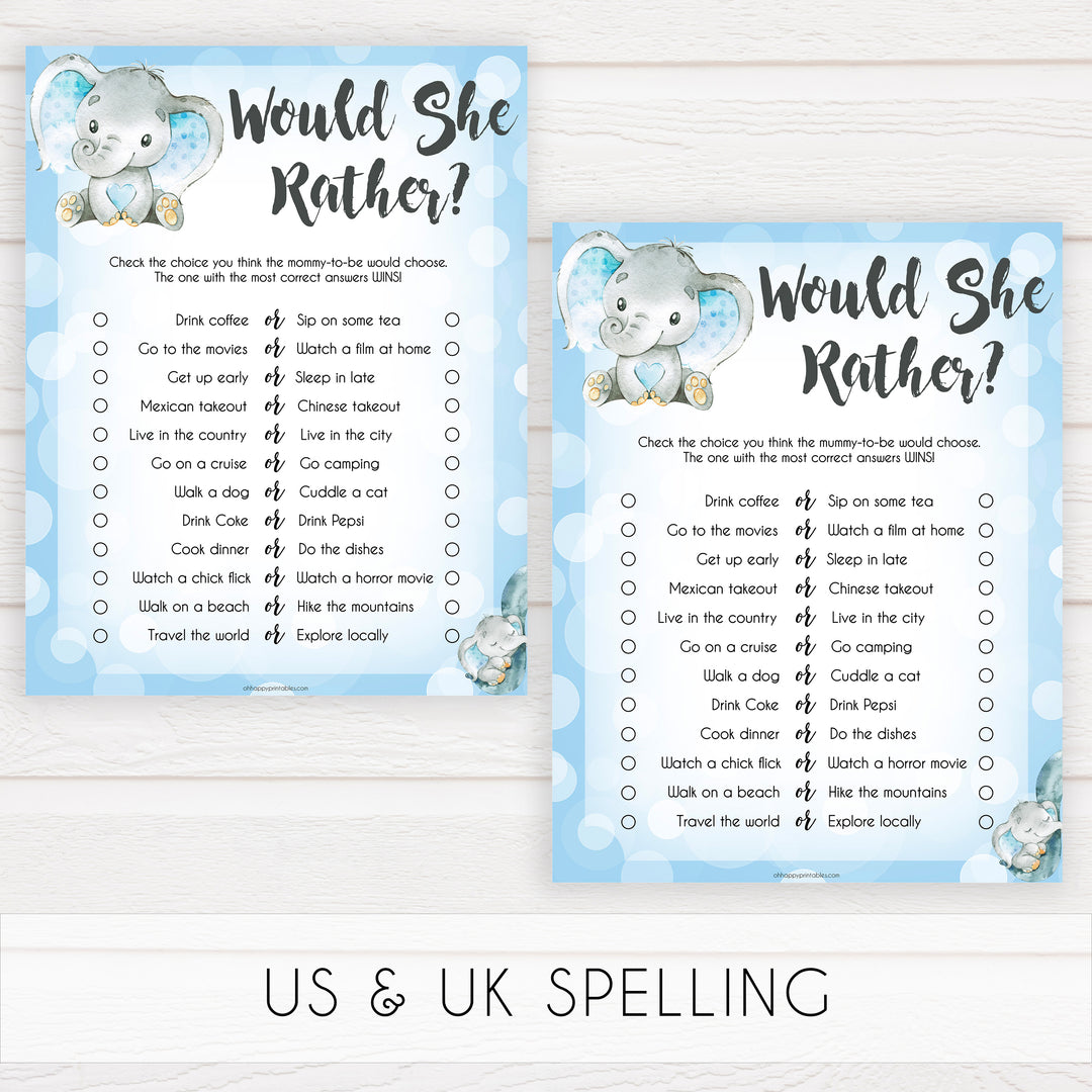 Blue elephant baby games, would she rather, elephant baby games, printable baby games, top baby games, best baby shower games, baby shower ideas, fun baby games, elephant baby shower