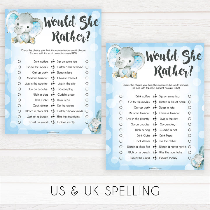 Blue elephant baby games, would she rather, elephant baby games, printable baby games, top baby games, best baby shower games, baby shower ideas, fun baby games, elephant baby shower