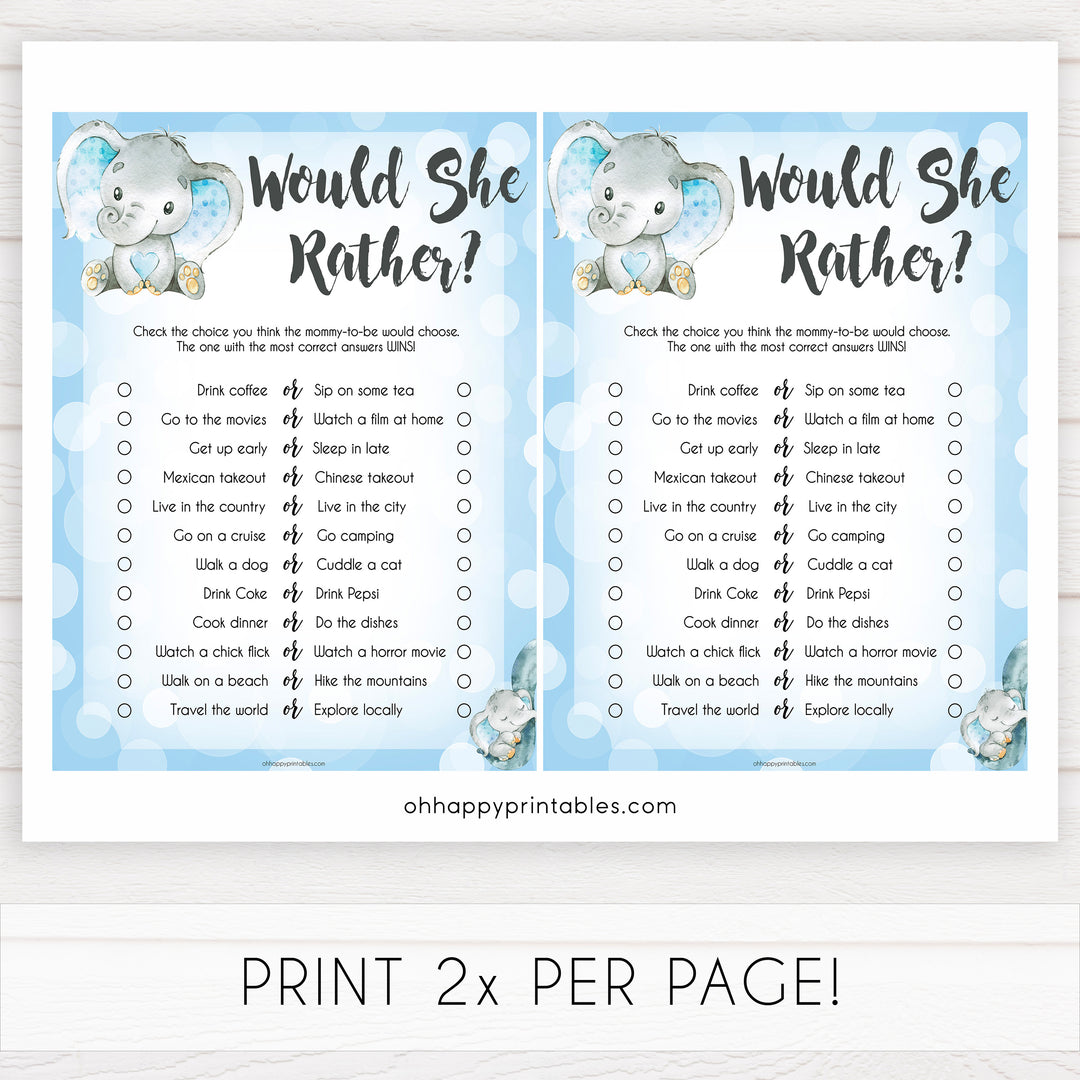 Blue elephant baby games, would she rather, elephant baby games, printable baby games, top baby games, best baby shower games, baby shower ideas, fun baby games, elephant baby shower