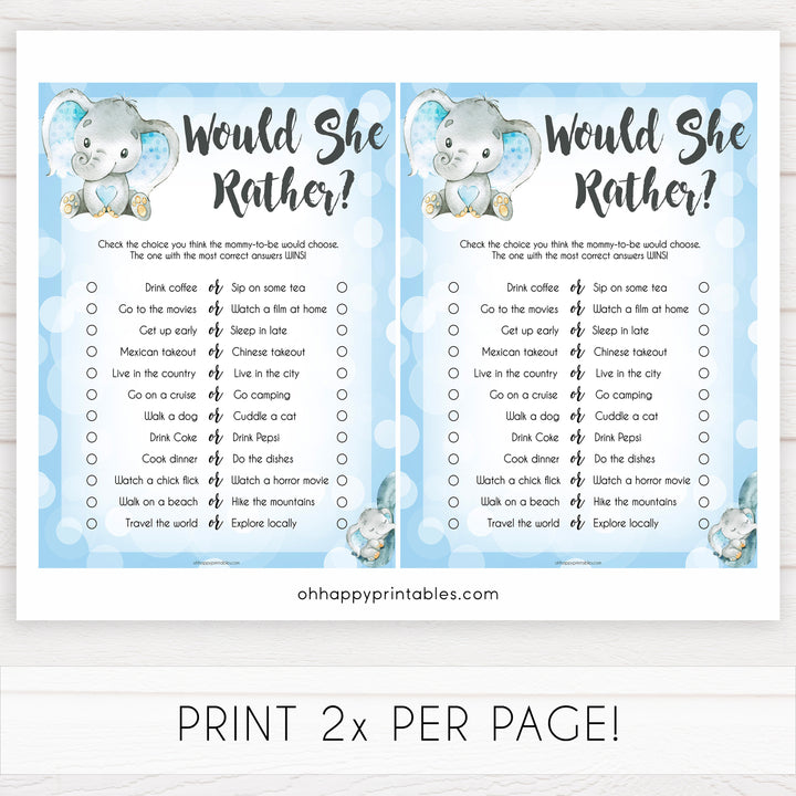 Blue elephant baby games, would she rather, elephant baby games, printable baby games, top baby games, best baby shower games, baby shower ideas, fun baby games, elephant baby shower