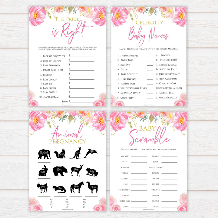 Pink blush floral baby shower game, 10 baby shower games, baby games bundle, printable baby games, baby shower games, blush baby shower, floral baby games, girl baby shower ideas, pink baby shower ideas, floral baby games, popular baby games, fun baby games