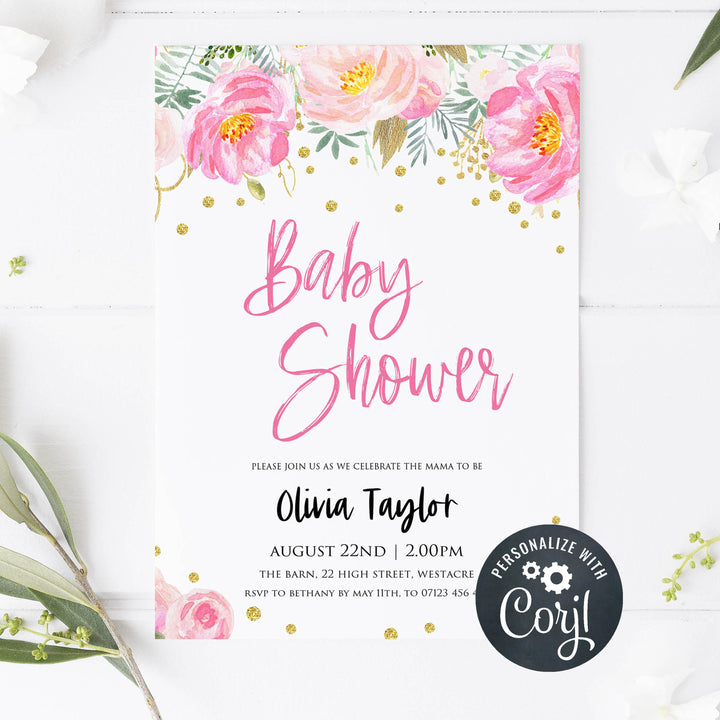 blush floral baby shower invitations, printable baby shower invitations, editable floral baby shower invitations, baby shower invites, baby invites