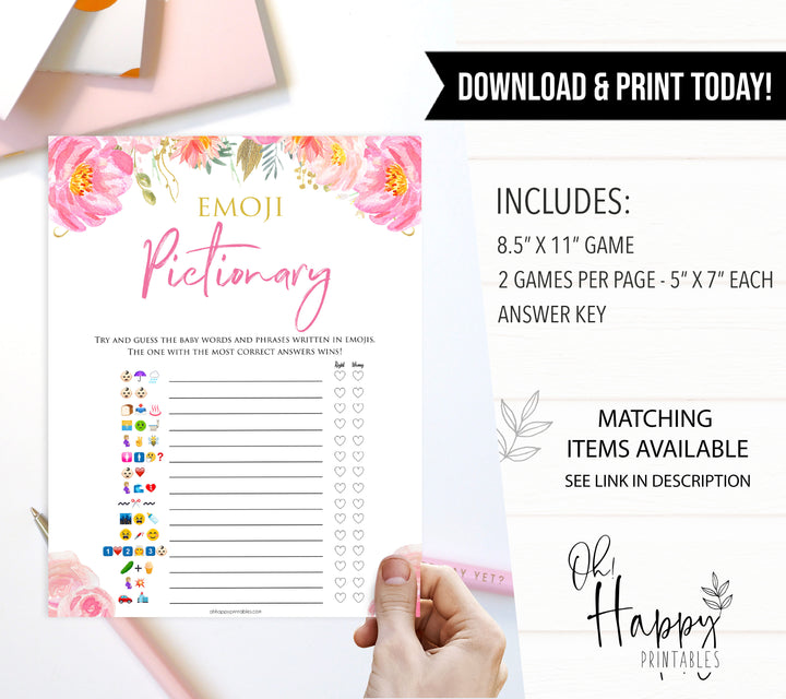 Pink blush floral baby shower emoji pictionary, printable baby games, baby shower games, blush baby shower, floral baby games, girl baby shower ideas, pink baby shower ideas, floral baby games, popular baby games, fun baby games
