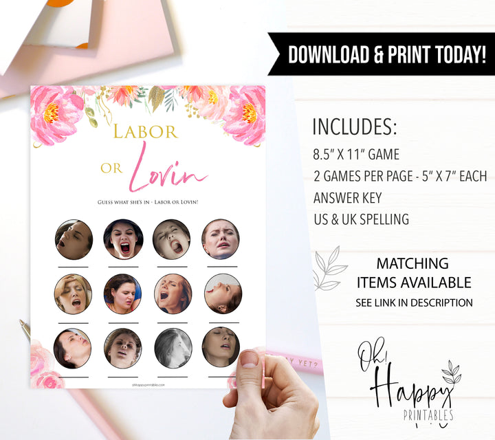 Pink blush floral baby shower labour or lovin, labor or lovin, printable baby games, baby shower games, blush baby shower, floral baby games, girl baby shower ideas, pink baby shower ideas, floral baby games, popular baby games, fun baby games
