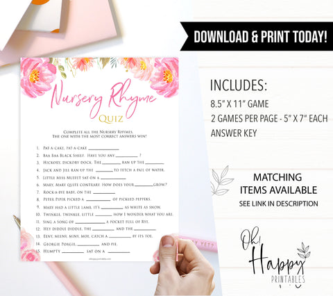 Pink blush floral baby shower nursery rhyme quiz game, printable baby games, baby shower games, blush baby shower, floral baby games, girl baby shower ideas, pink baby shower ideas, floral baby games, popular baby games, fun baby games