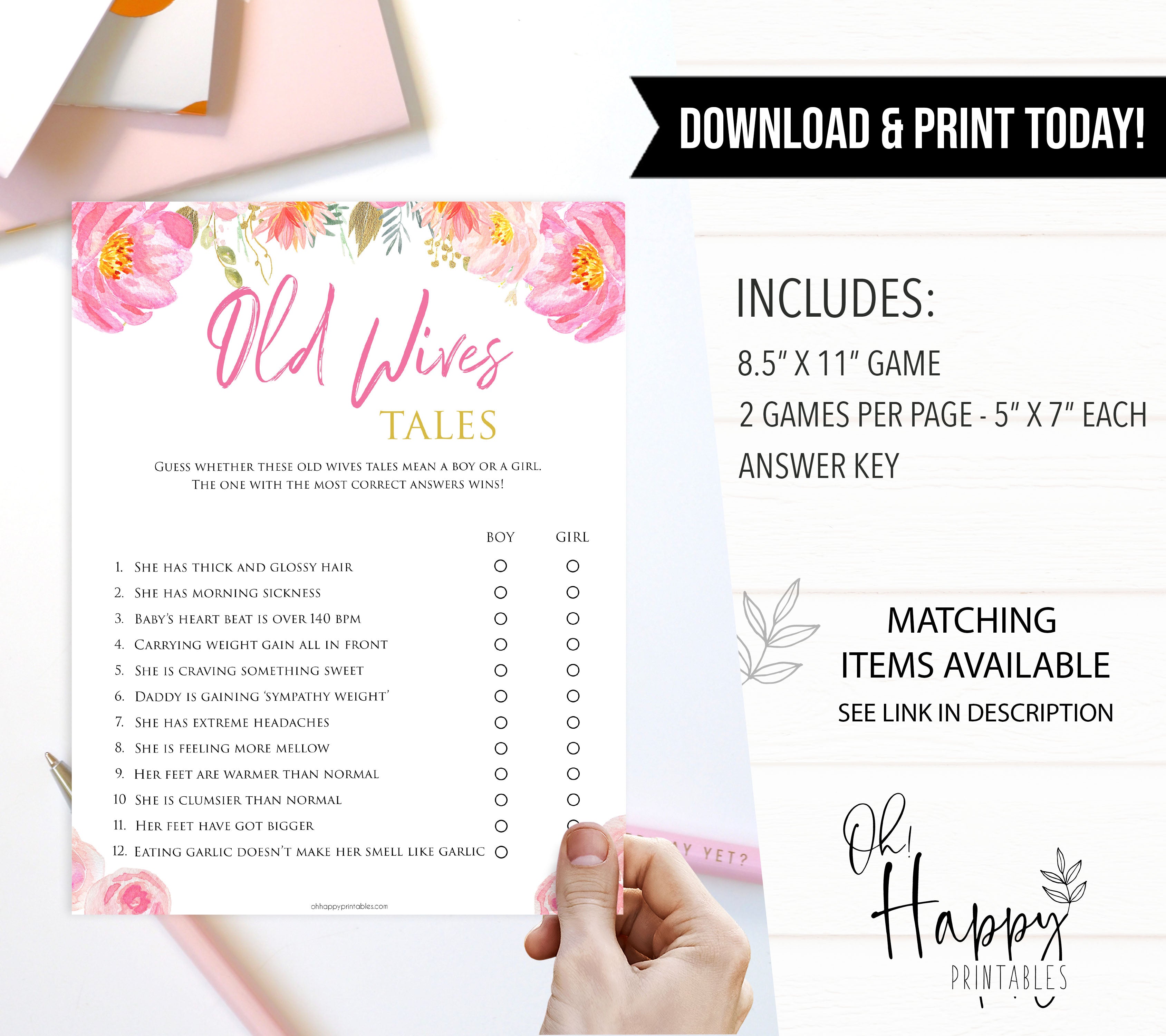 Old wives tales game, old wives tale, Printable baby shower games, blush floral fun baby games, baby shower games, fun baby shower ideas, top baby shower ideas, blush baby shower, blue baby shower ideas