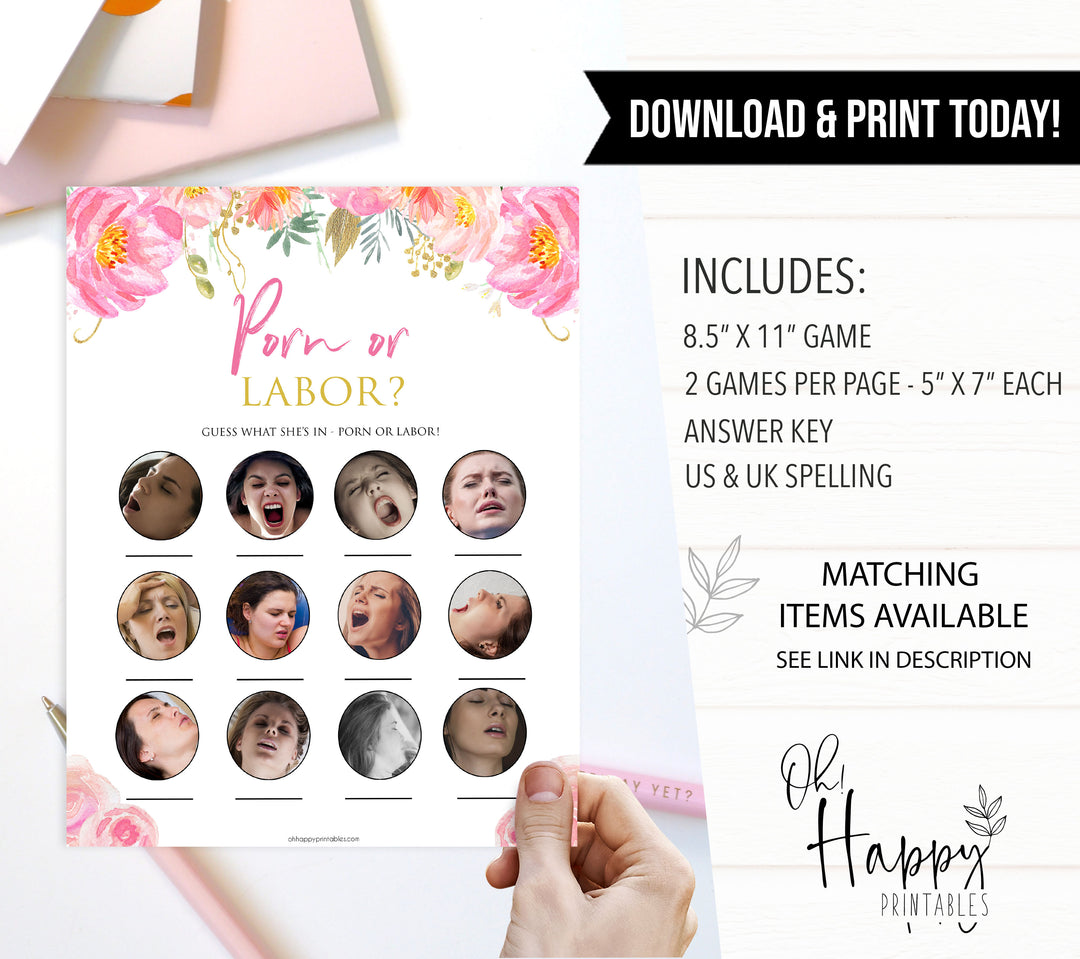 Pink blush floral baby shower porn or labour, porn or labor game, printable baby games, baby shower games, blush baby shower, floral baby games, girl baby shower ideas, pink baby shower ideas, floral baby games, popular baby games, fun baby games