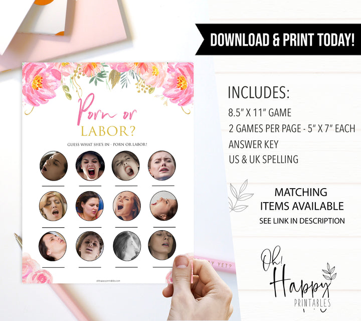 Pink blush floral baby shower porn or labour, porn or labor game, printable baby games, baby shower games, blush baby shower, floral baby games, girl baby shower ideas, pink baby shower ideas, floral baby games, popular baby games, fun baby games